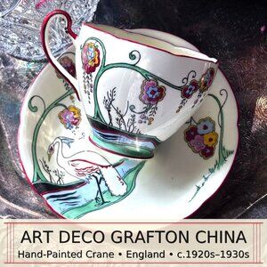 1920s Art Deco Grafton China Teacup & Saucer  Hand Painted Crane & Floral  Engla